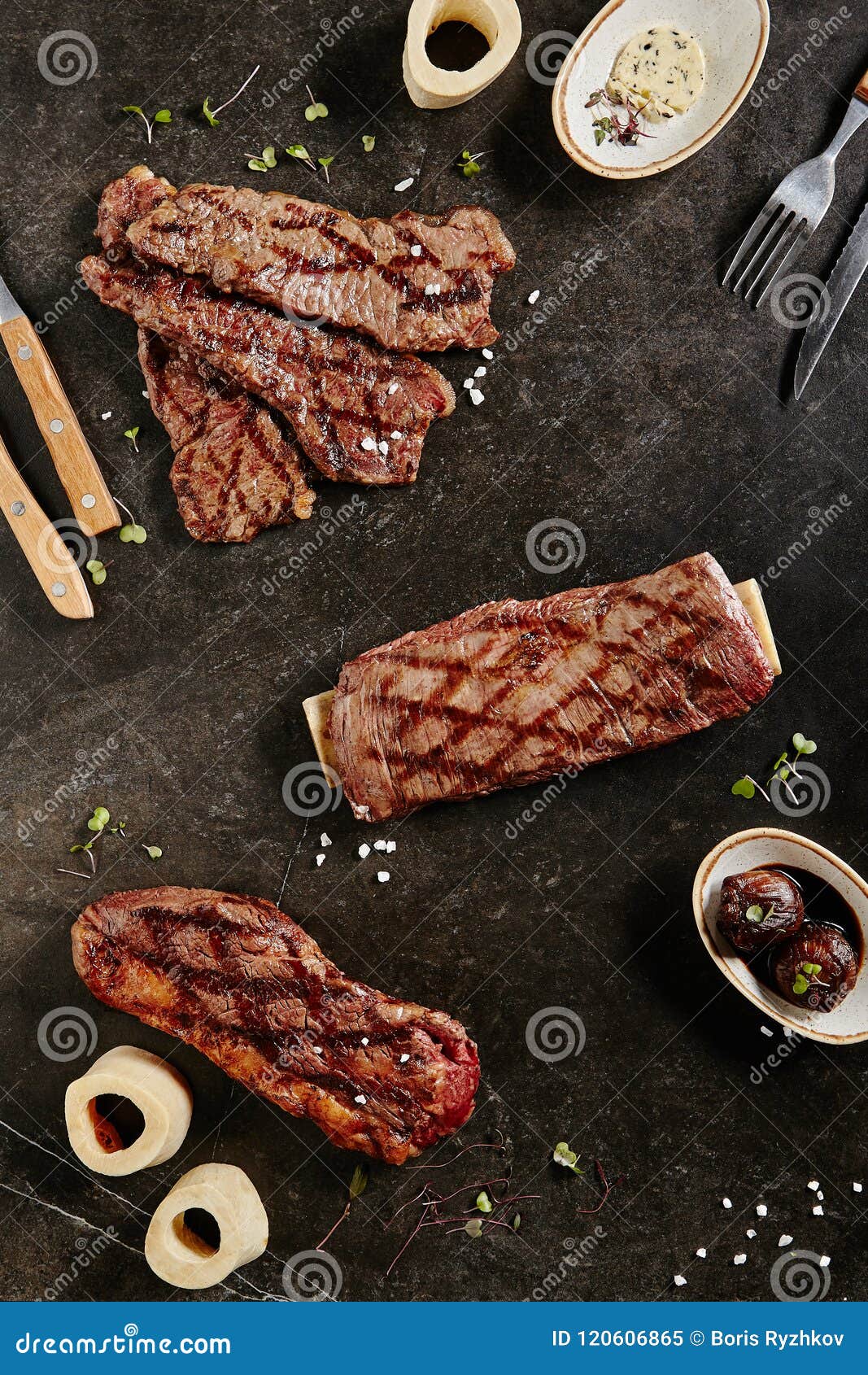gaucho steak, flank steak and tri-tip steak on dark backdrop