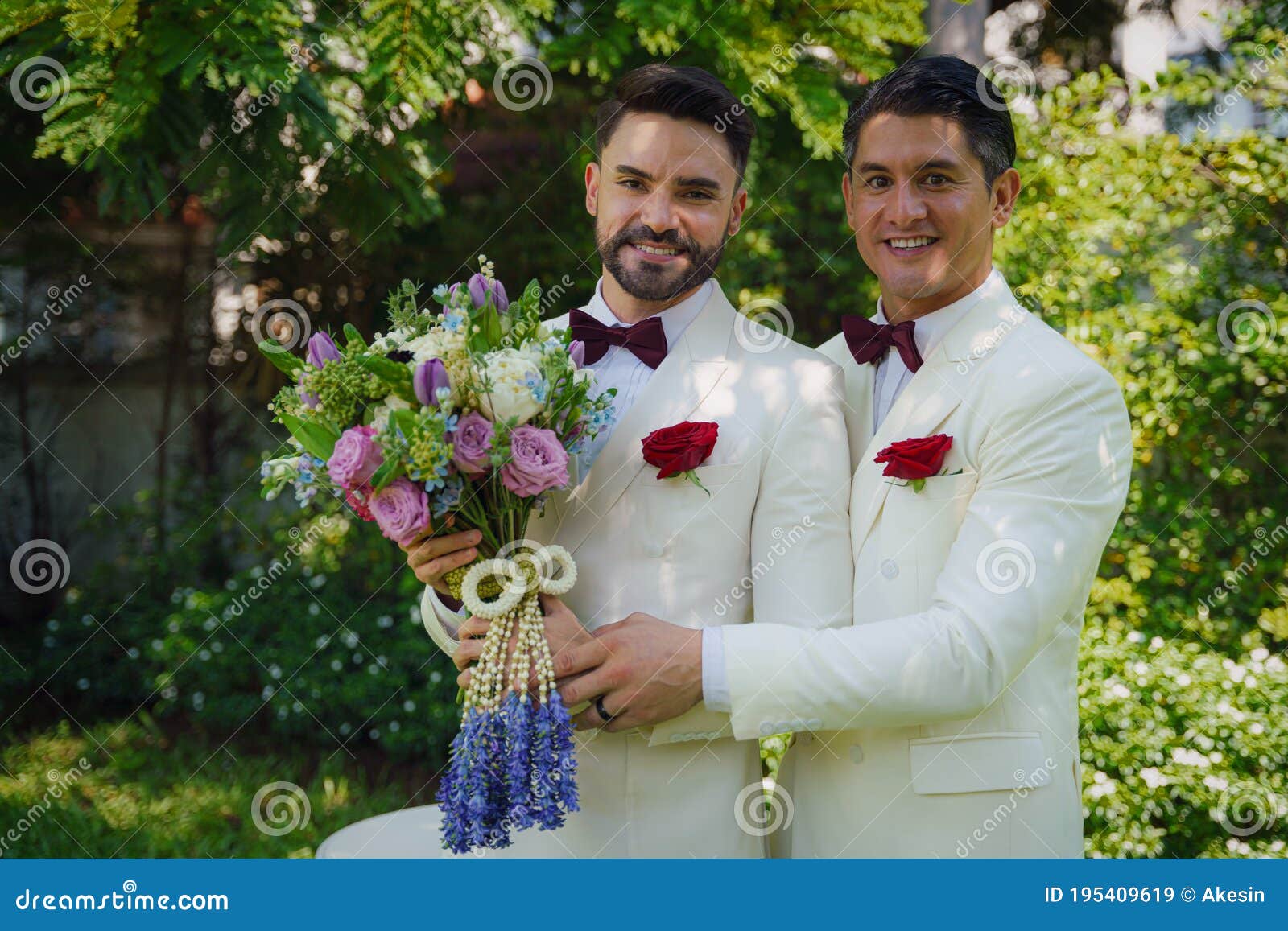 Lgbt Gay Bride And Groom With Flower Bouquet In Wedding Ceremony Stock