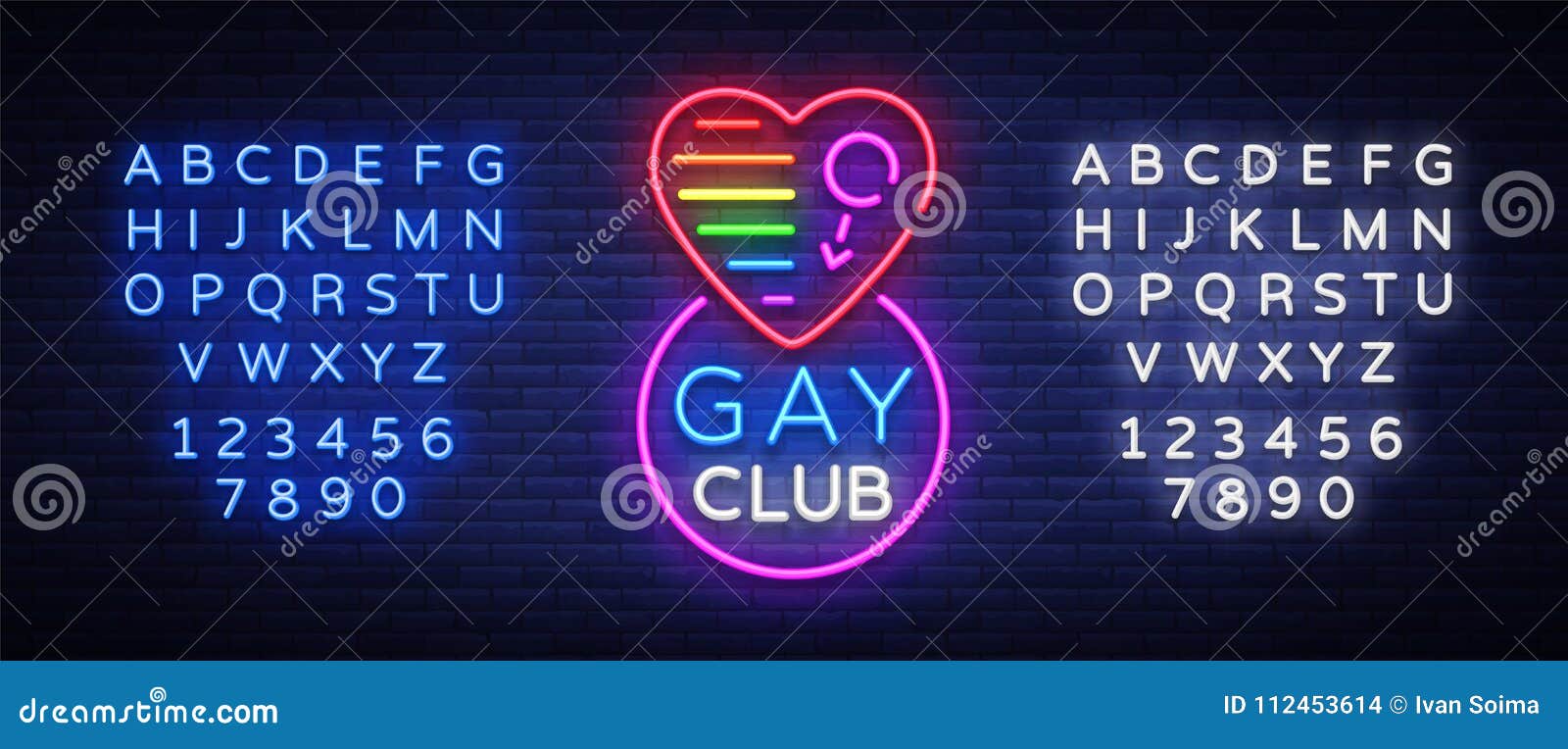 Gay club neon sign. Logo in neon style, light banner, billboard