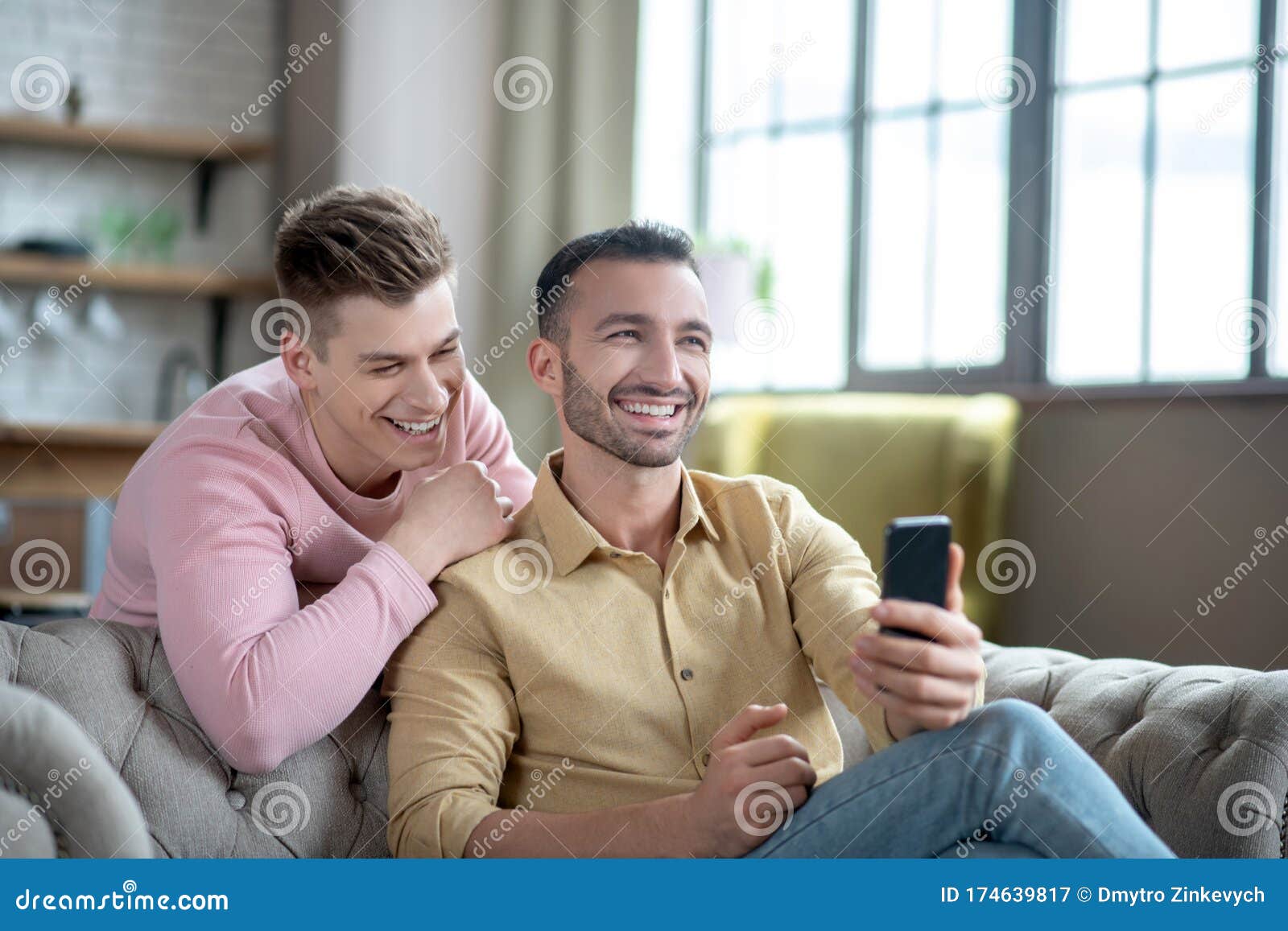 Gay Couple Feeling Great Talking with Friends Online Stock Image ...