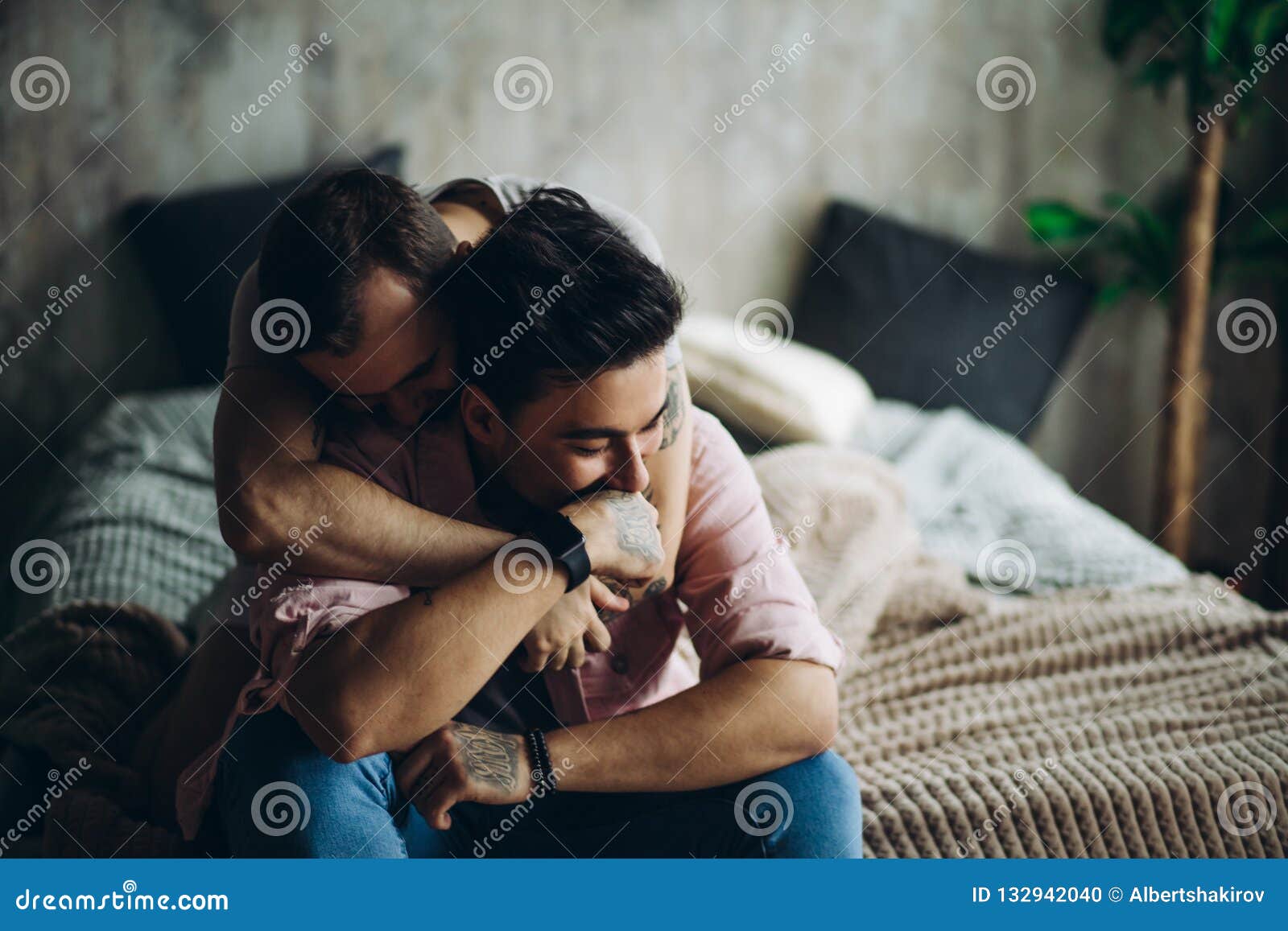 Gay Couple at Home, Intimate Moments of Private Life - Homosexual Partners Stock Photo image picture