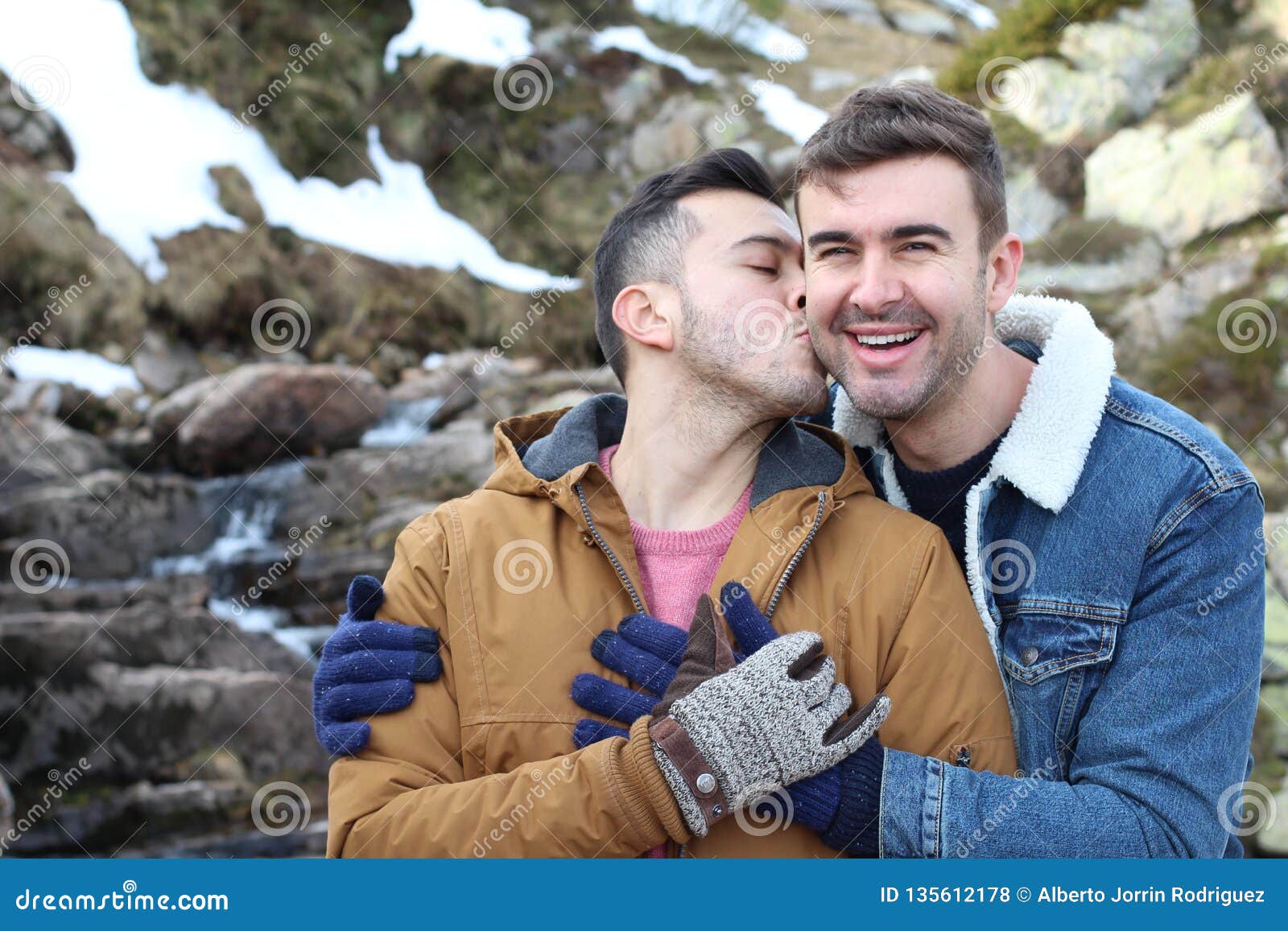 Gay Couple Kissing in Nature Stock - Image of closed,