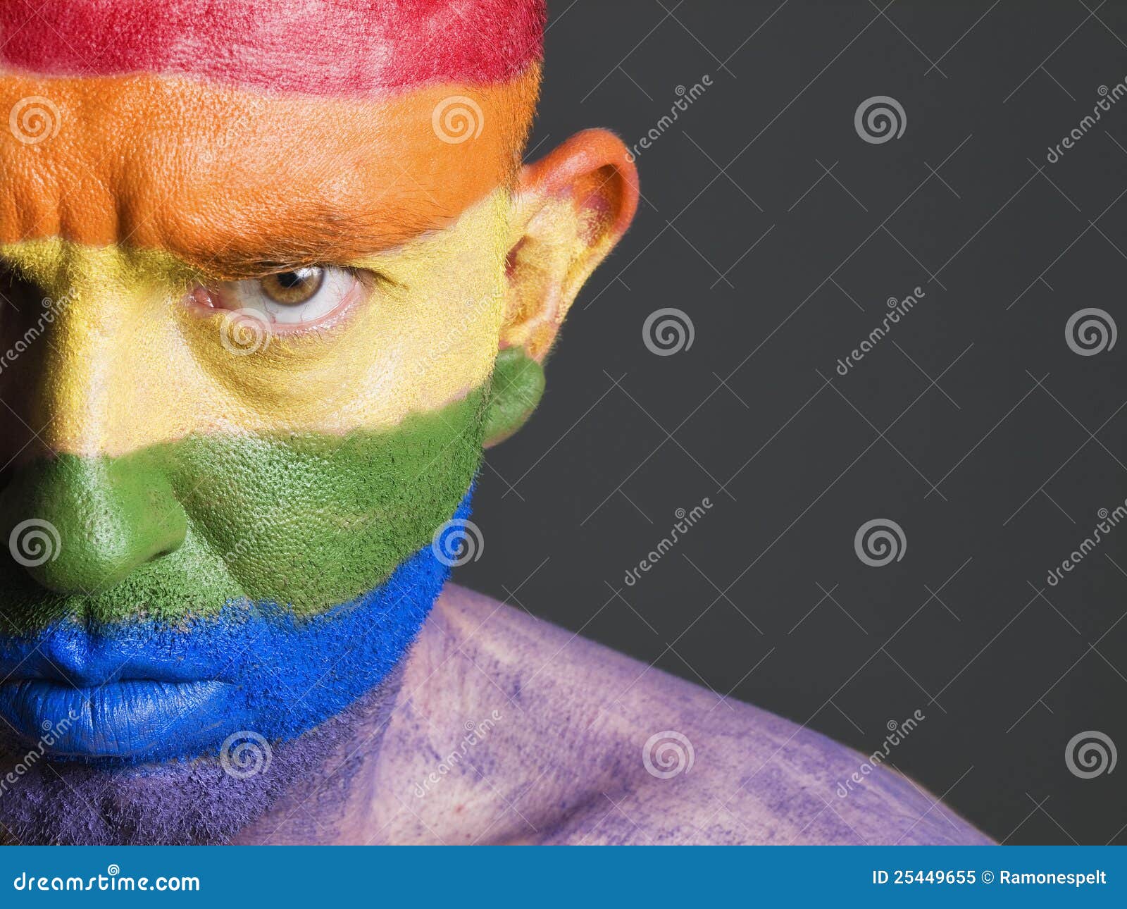 Gay Flag Painted Face Man, Serious Expression. Stock Image Image of