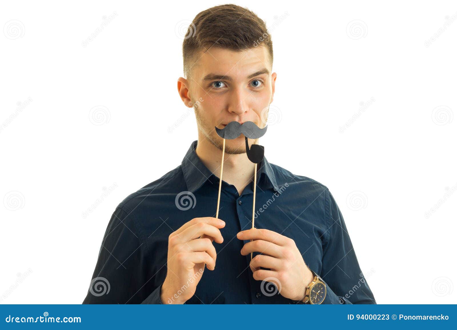 Gay young guy Hamming in camera with paper mustache