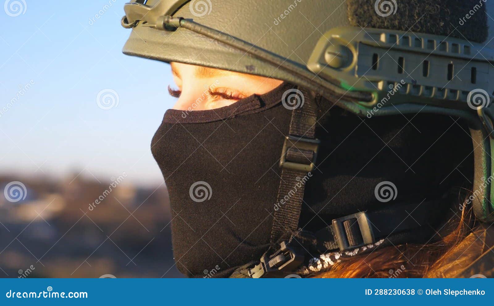 Gaze of Female Ukrainian Army Soldier in Helmet and Balaclava Outdoor ...