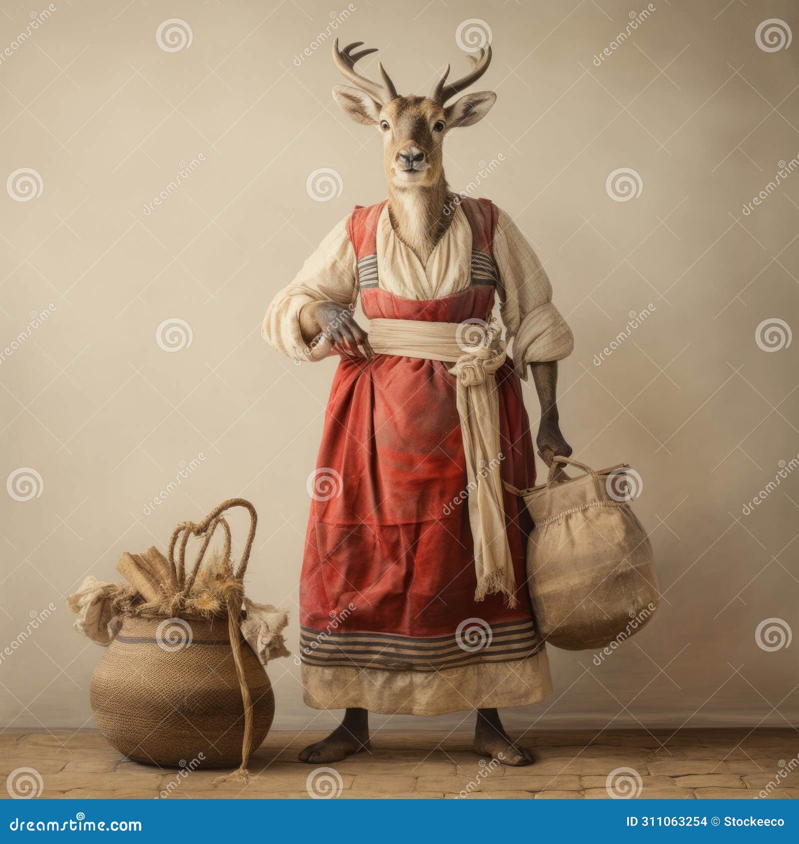 bavarian attired gazelle with potato sack on white background