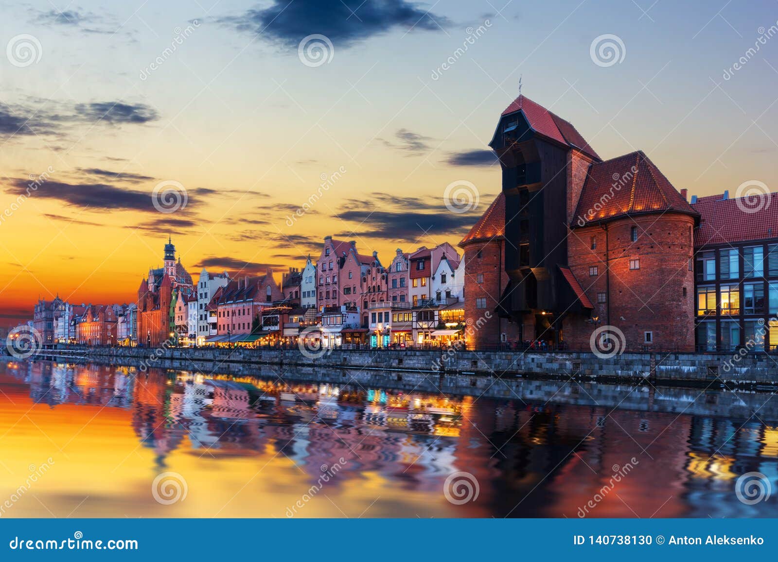 gdansk sunset above the motlawa and zuraw port crane, poland