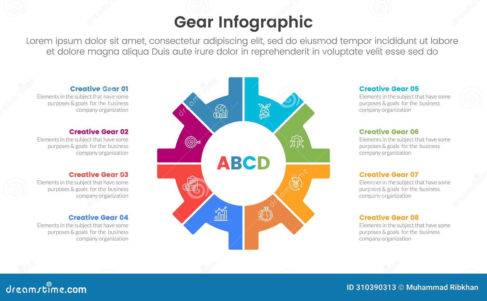 gear cogwheel infographic template banner with big circle center and description stack with 8 point list information for slide