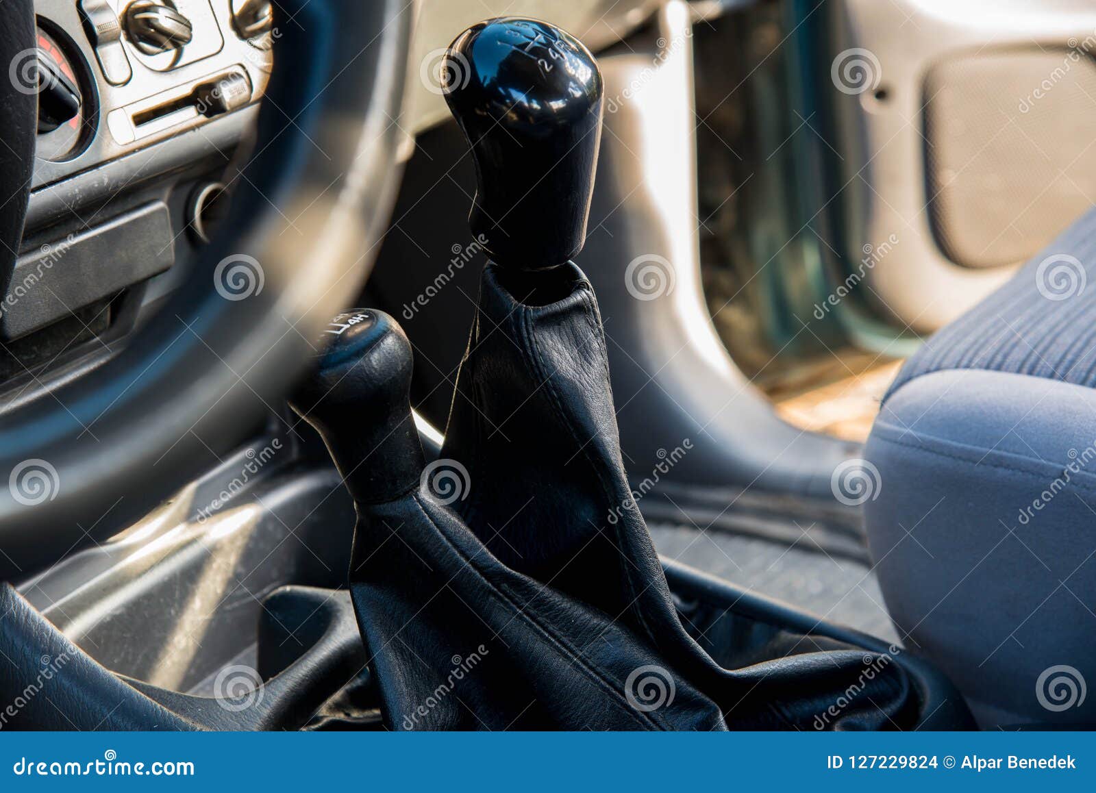 Gear Shift Knobs on Old Four Wheel Drive Car Close Up Stock Photo