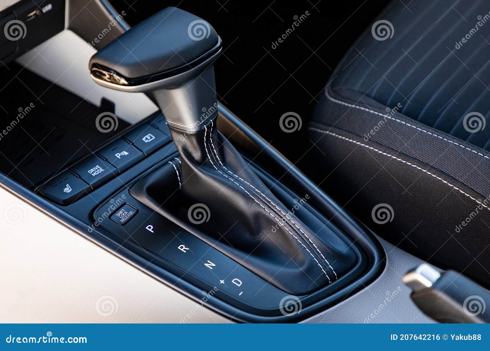 Gear shift in a car stock photo. Image of black, closeup 207642216