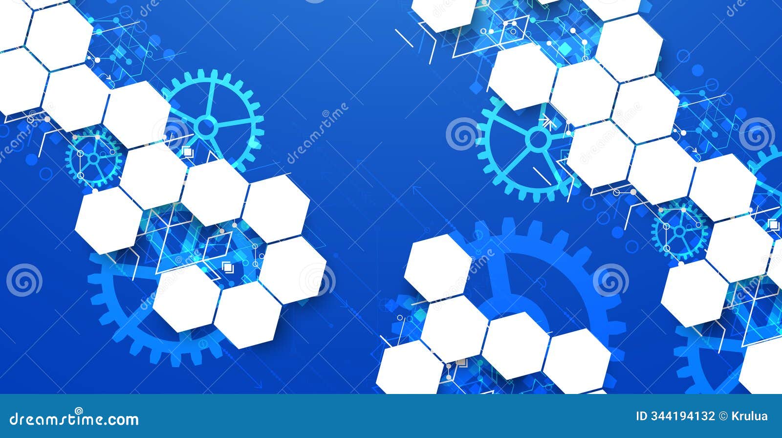 gear wheel technology pattern on blue gradient background with hexagons. hand drawn 
