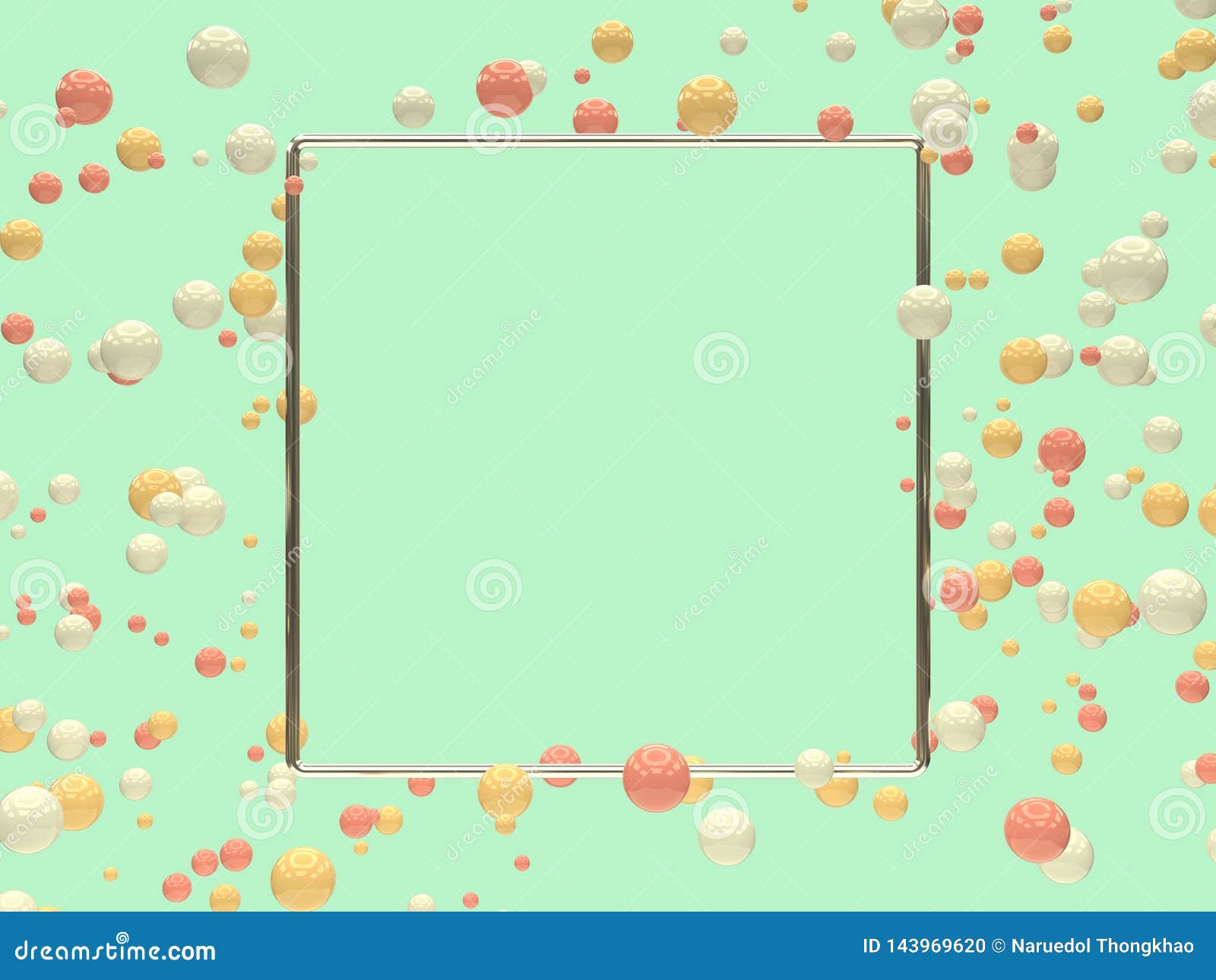 Gebied het vierkante zilveren kader 3d teruggeven. Het zilveren metaal geometrische vorm lege kader velen doorboort witte gele bal/gebiedlevitatie 3d teruggevende abstracte achtergrond