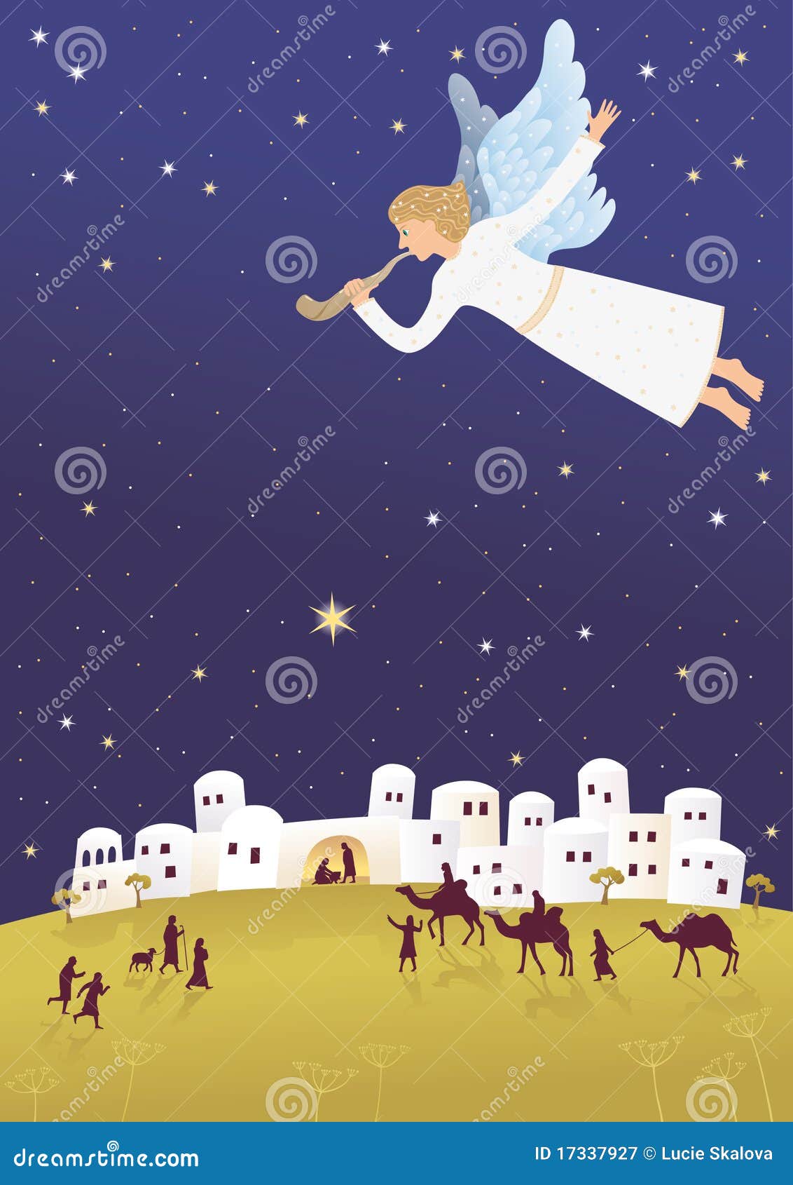 Geboorte van Jesus in Bethlehem. De engel blaast shofar, aankondigend goed nieuws.