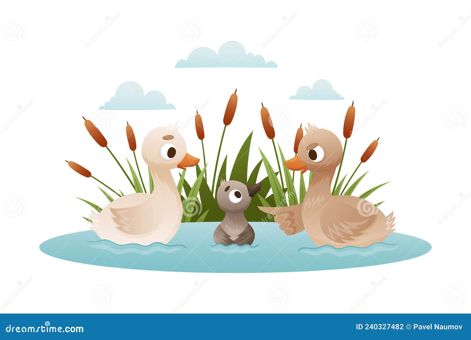 Geese Swim In Pond Ugly Duckling Fairy Tale Cartoon Vector