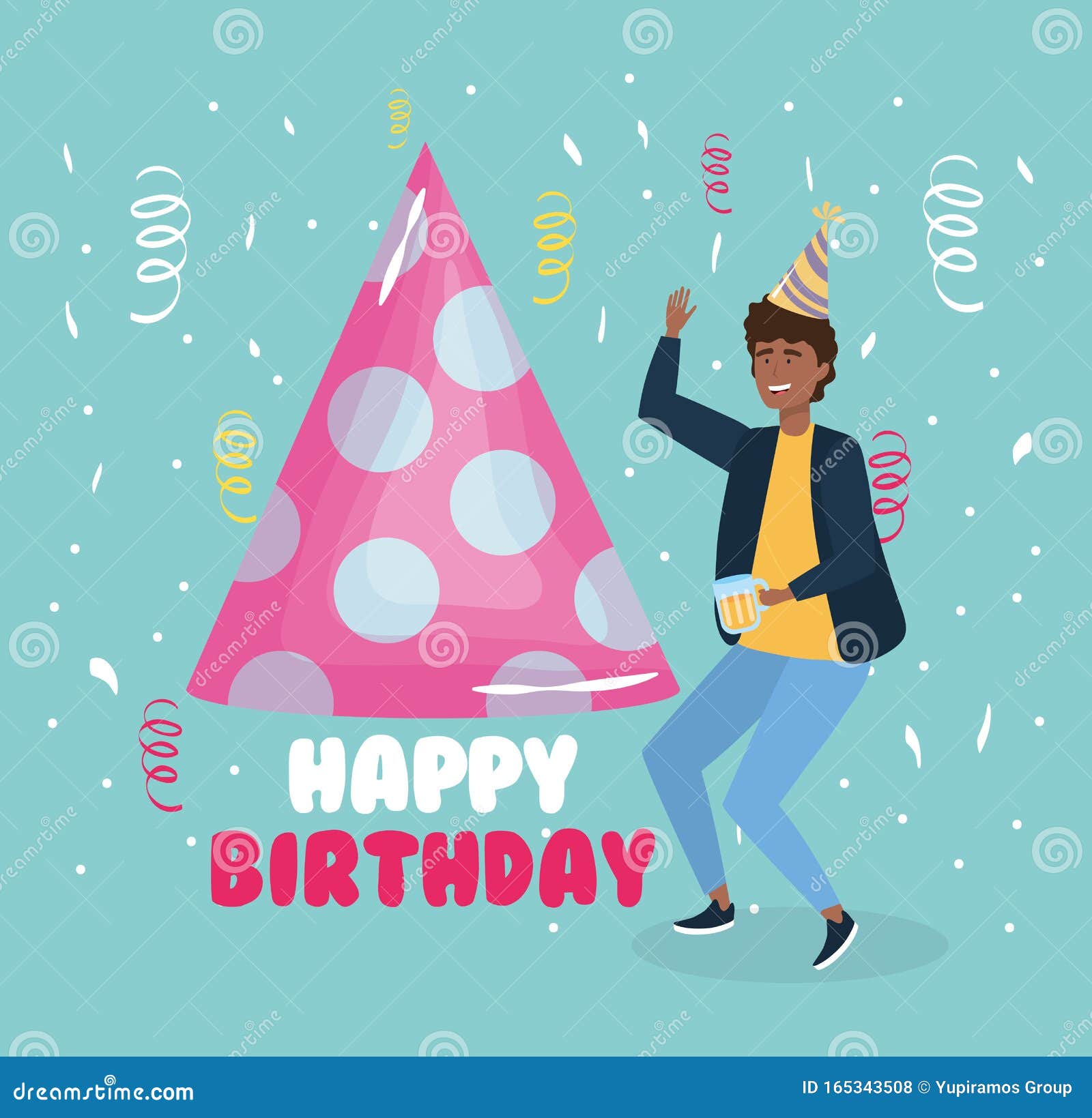 Gefeliciteerd Met Je Verjaardag, Man Met Feest Dat Bierfeest Wordt Gevierd. Vector Illustratie - Illustration Of Partij, Ballons: 165343508