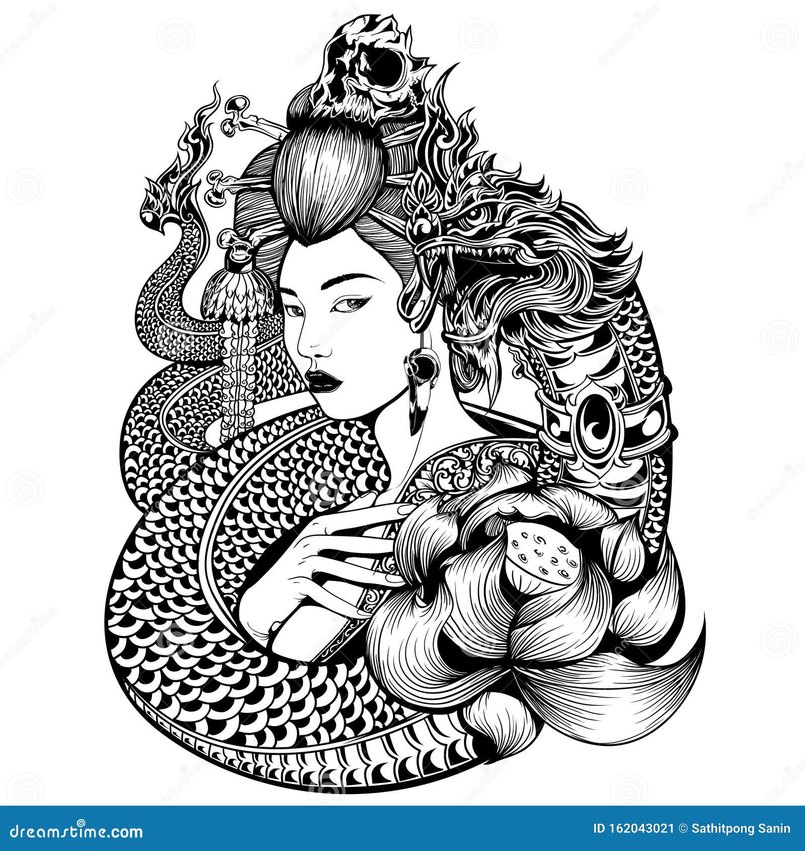 Geisha Naga Lotus Black Skull Asia Thailand Stock Vector - Illustration ...