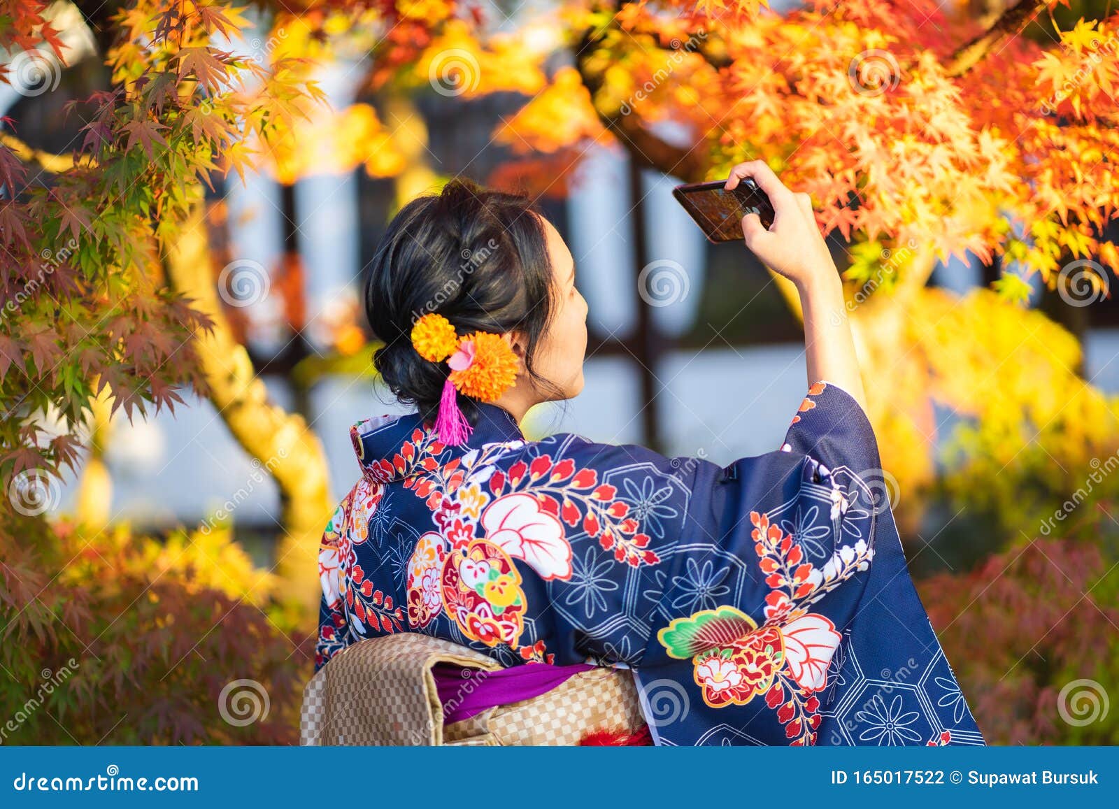 Geishas Girl Wearing Japanese Kimono among Red Wooden Tori Gate at