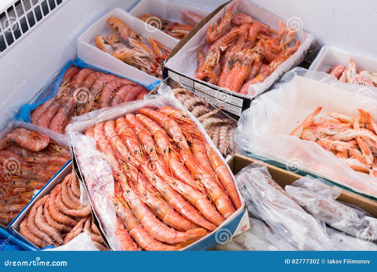 Gekühlte Mittelmeermeeresfrüchte nah oben auf Zähler. Zusammenstellung von abgekühlten seefoods im Schaukasten am Fischmarkt