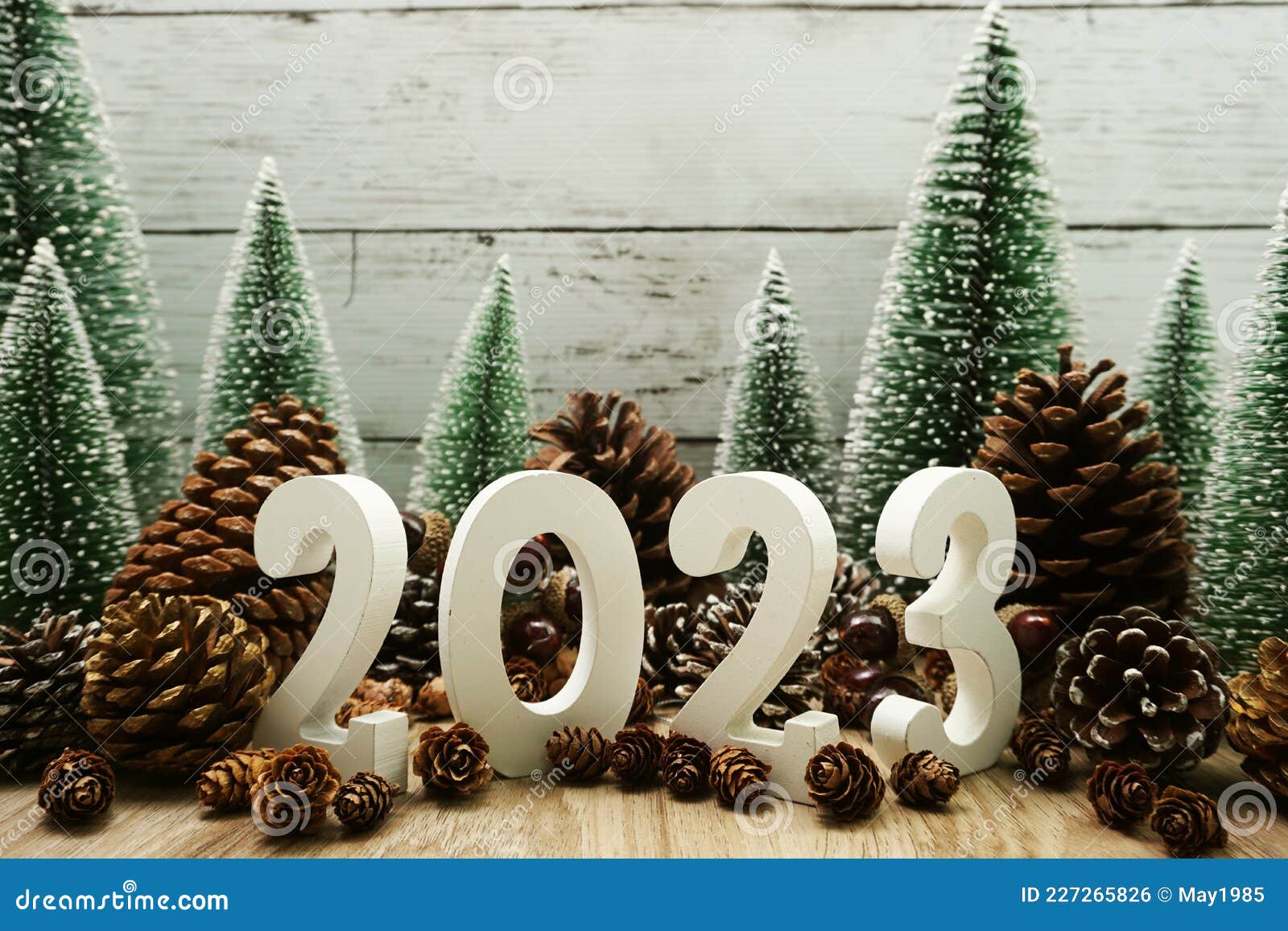 Nieuwjaar 2023 Decoratie Met Kerstboom En Dennenkeien Op Houten Stock Foto - Image of viering, mooi: 227265826