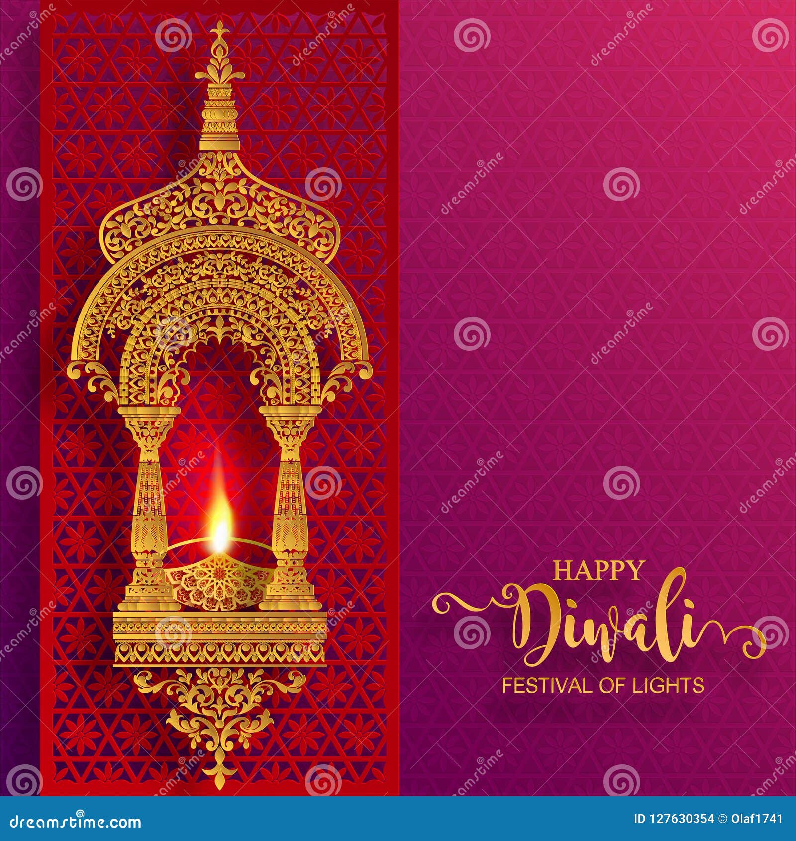 Gelukkige Diwali-festivalkaart met gouden die diya en kristallen op document kleurenachtergrond wordt gevormd
