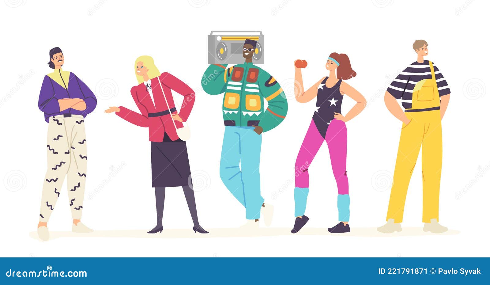 Gelukkige Personages in Mode-kleding Jaar En Haarstijl Dansdisco Training Beluisteren Muziek Met Bandrecorder Vector Illustratie - Illustration levensstijl, persoon: