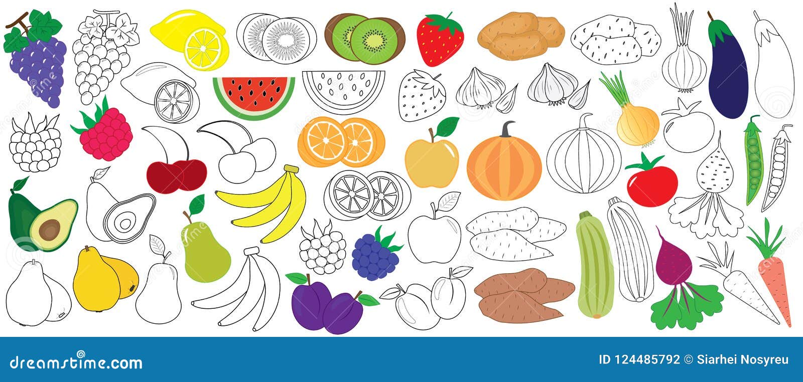 Gemuse Fruchte Und Beeren Bunt Und Im Schwarzen Mit Weiss Vektor Abbildung Illustration Von Farblos Blinken 124485792