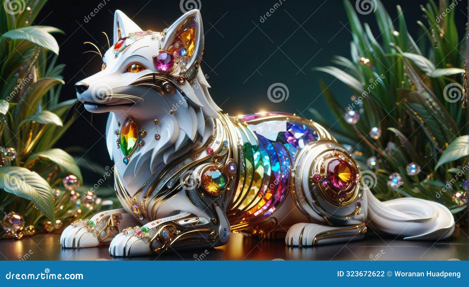 gem-encrusted fox in enchanted forest