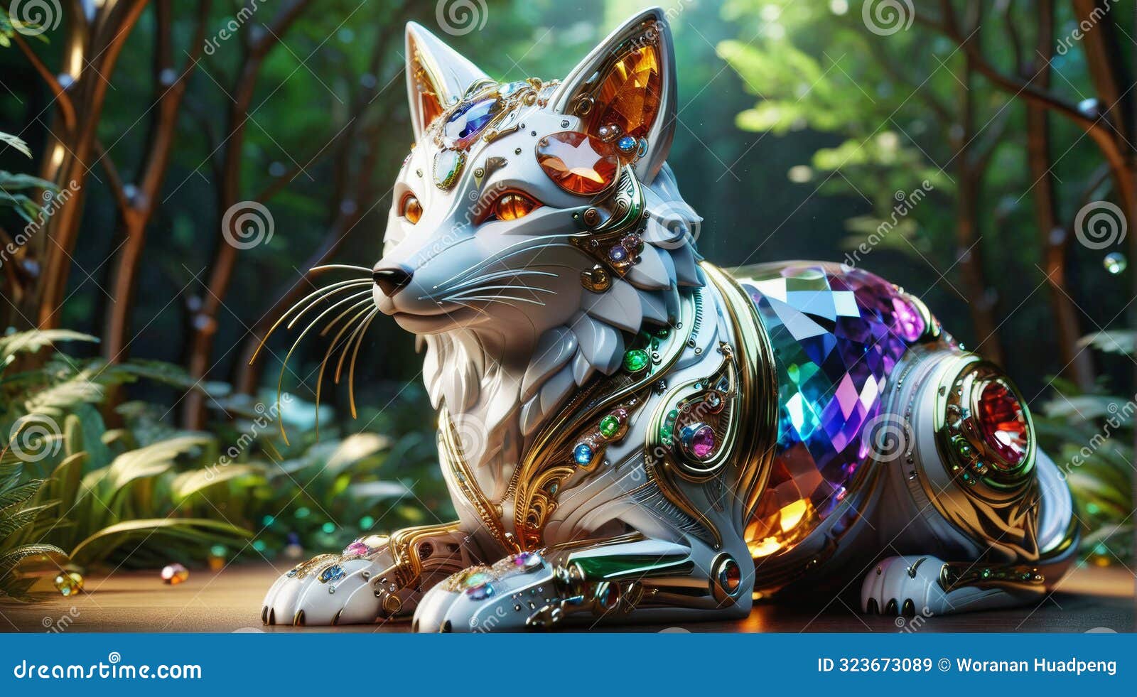 gem-encrusted fox in enchanted forest