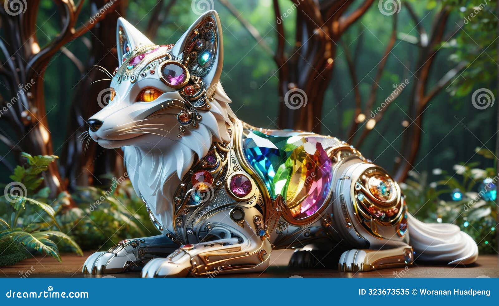 gem-encrusted fox in enchanted forest