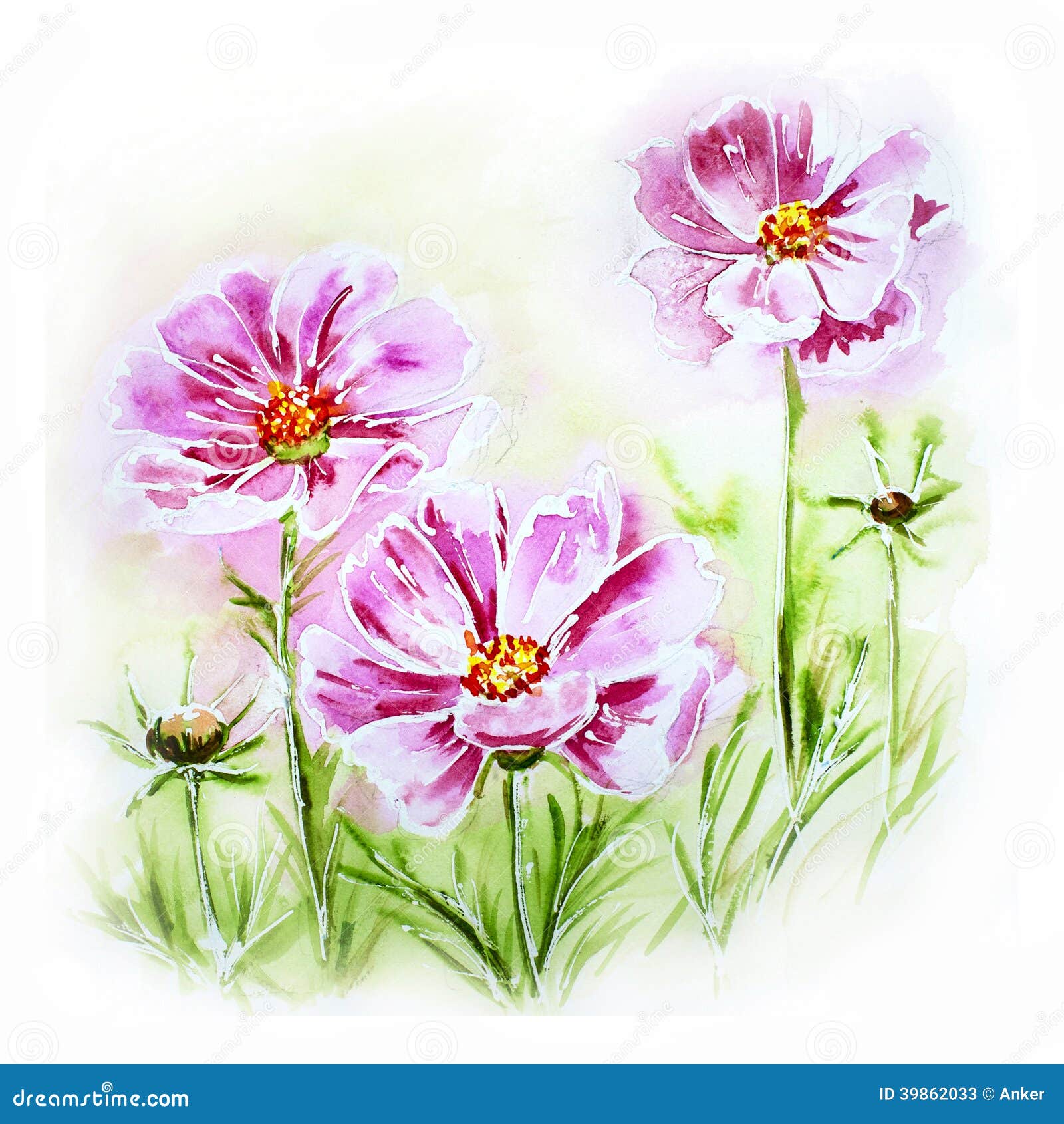 Gemalte Aquarellkarte Mit Blumen Stock Abbildung - Illustration von