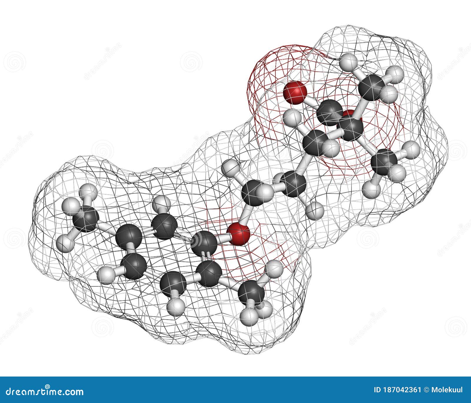 gemfibrozil hyperlipidemia drug molecule (fibrate class). 3d rendering. atoms are represented as spheres with conventional color