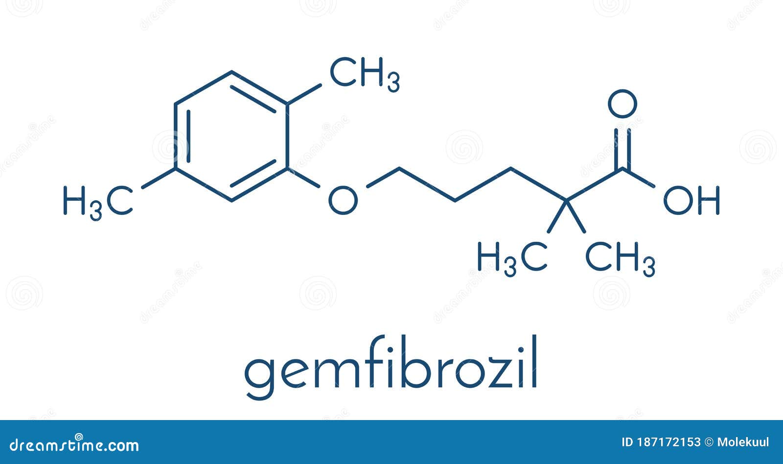 gemfibrozil hyperlipidemia drug molecule fibrate class. skeletal formula.