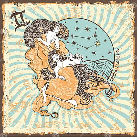 Gemini Womans Zodiac Sign.Vintage Horoscope Card Stock Vector ...