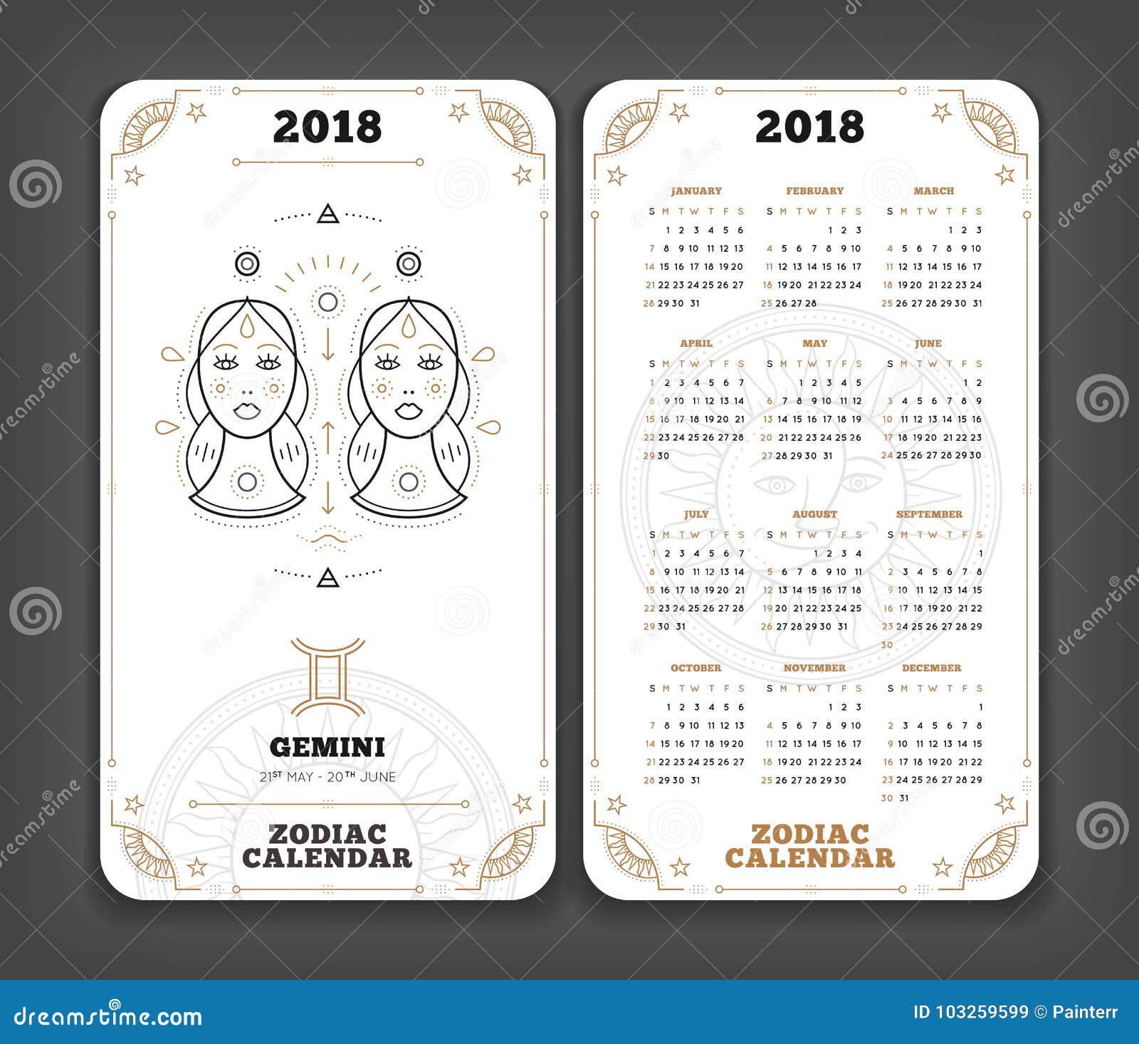 Gemini 2018 Year Zodiac Calendar Pocket Size Vertical Layout Stock