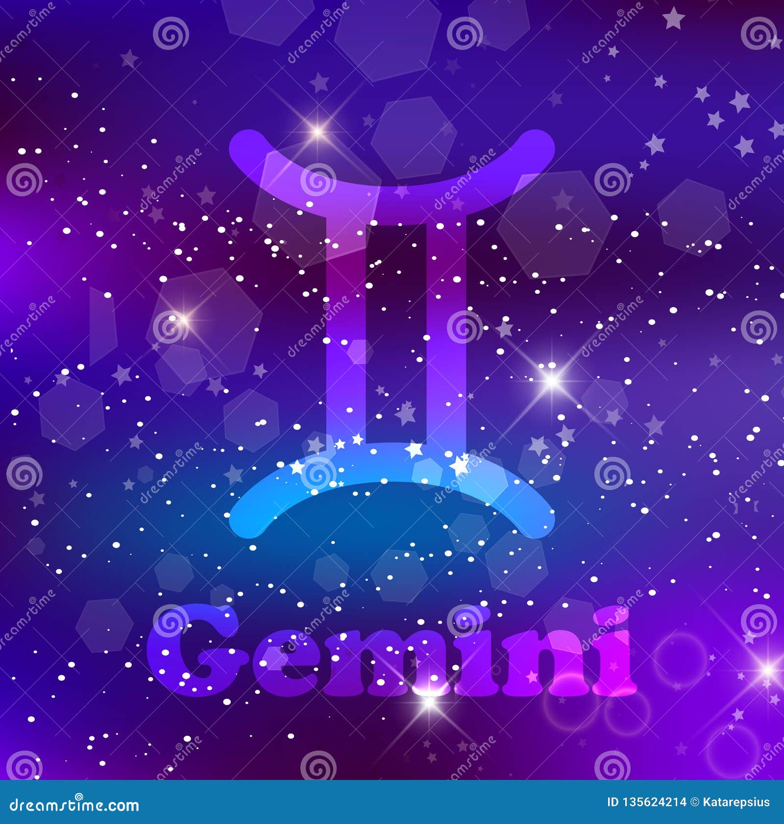 Gemini Zodiac Sign on a Cosmic Purple Background with Sparkling Stars ...