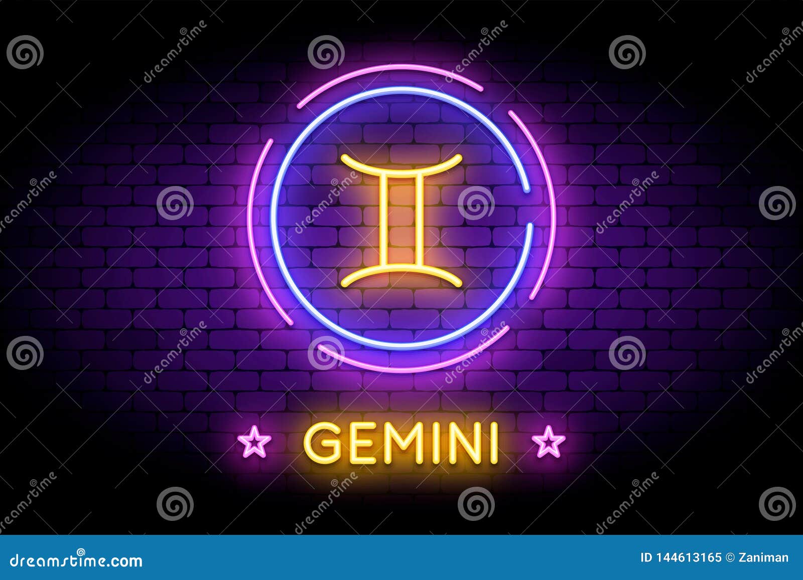 The Gemini  Zodiac  Symbol In Neon Style On A Wall Stock 