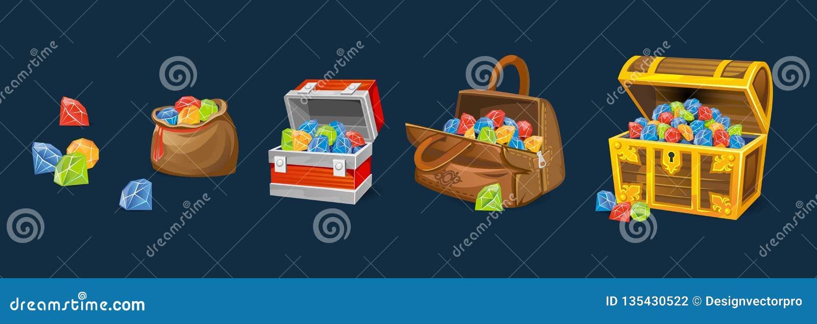 gems chests set on blue background. cartoon money chests for games, books etc.