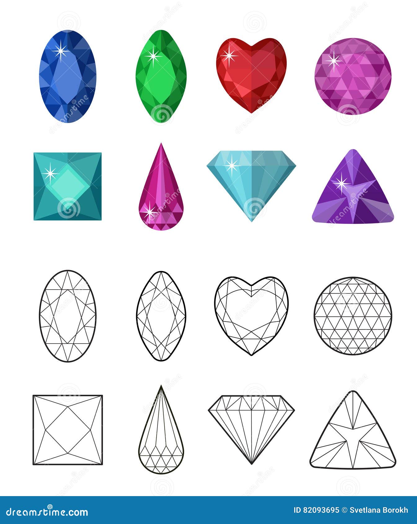 gems and cut line set. different facets for crystals. jewelry collection  on white background. diamonds