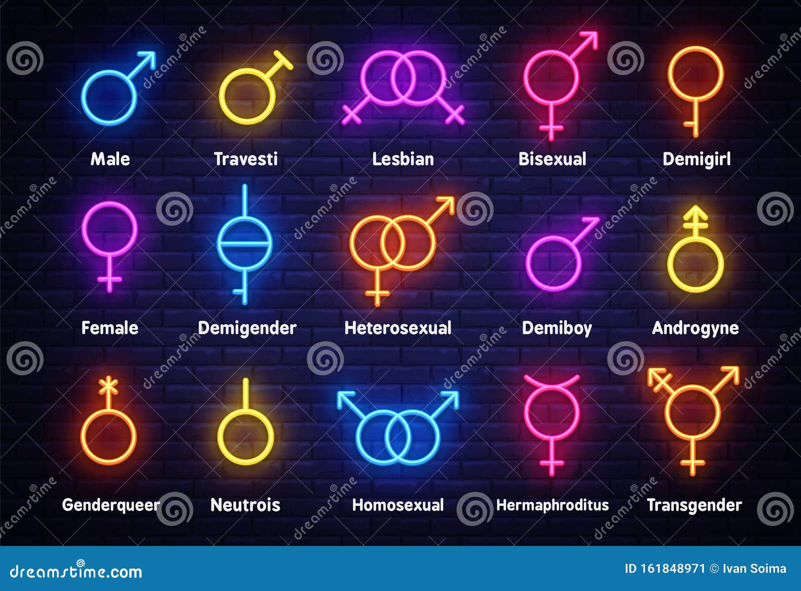 Gender Neon Icons Set Sexual Orientation Concept