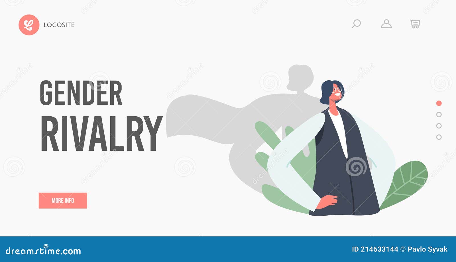 Gender Rivalry Landing Page Template Successful Business Woman With Shadow In Super Hero Cloak 