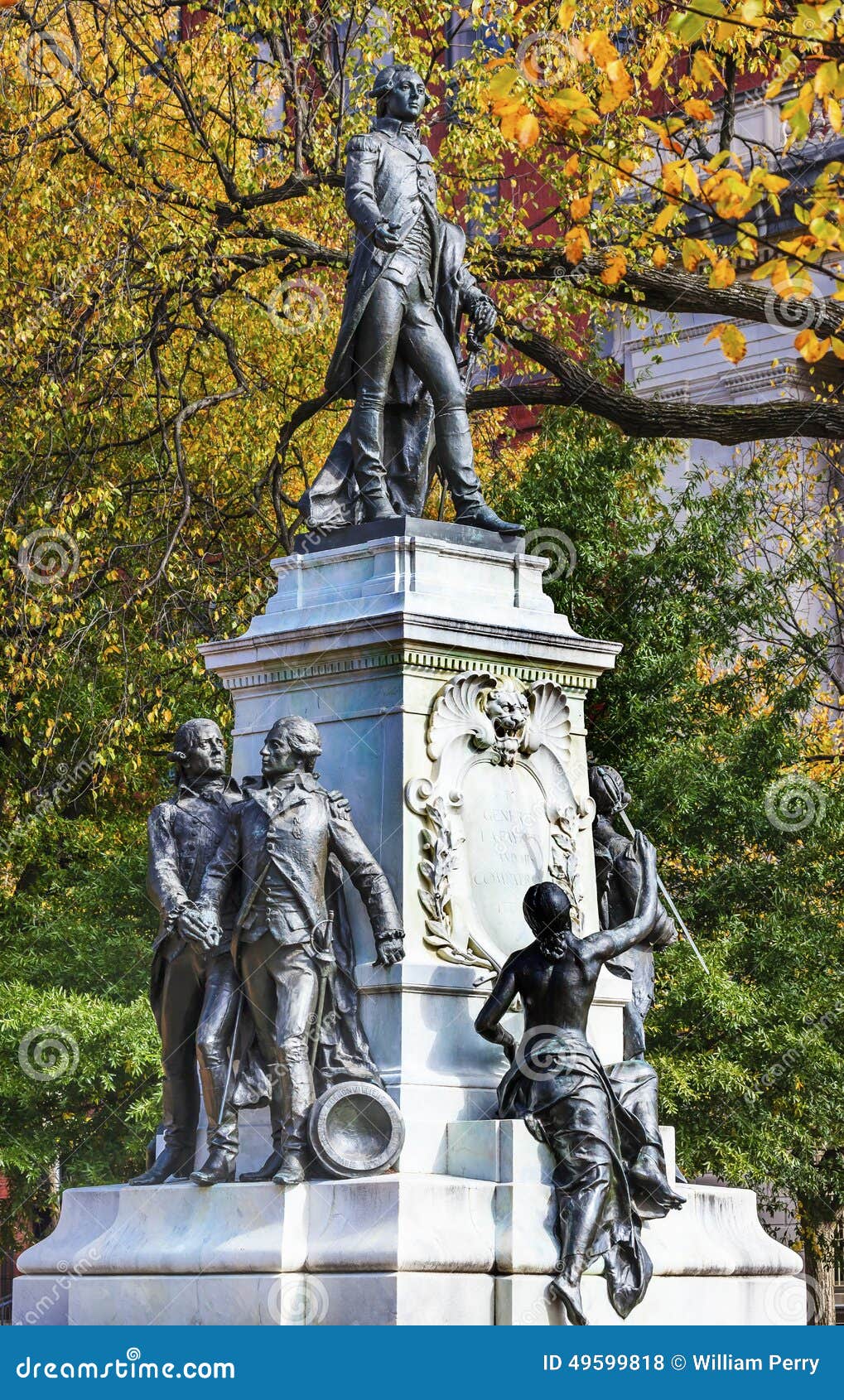 General Lafayette Statue Lafayette Park Autumn Washington DC. General Marquis de Lafayette Statue Lafayette Park Autumn Washington DC. In American Revolution General Lafayette was an officer in the American Revolution and personal friend of General Washington. Statue was dedicated in 1891 as a reaffirmation of French American relations. Artist Sculptor Jean Falguiere.