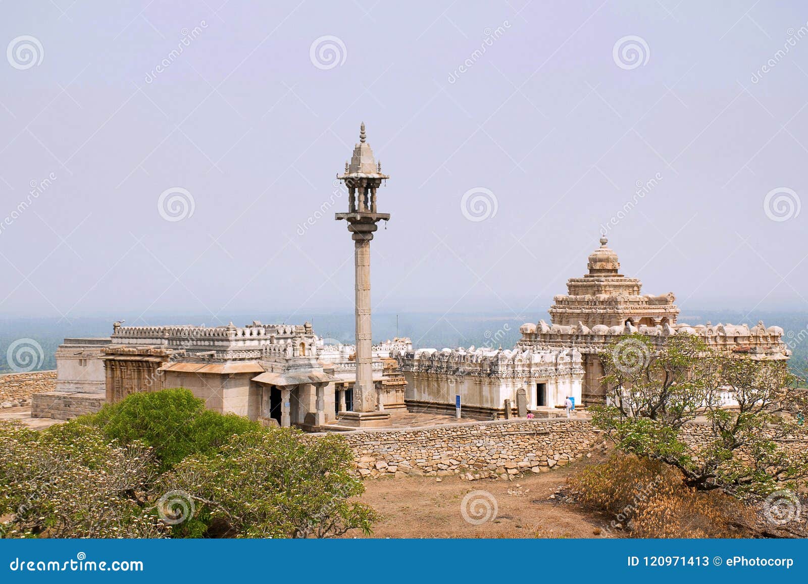 general view of chandragiri hill temple complex, sravanabelgola, karnataka. from left - parshvanatha basadi, shasana basadi and ch