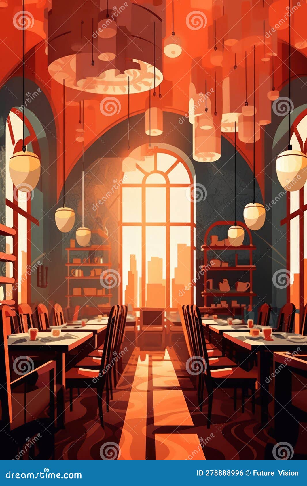 General View of Fancy Restaurant Interiors with City View, Created