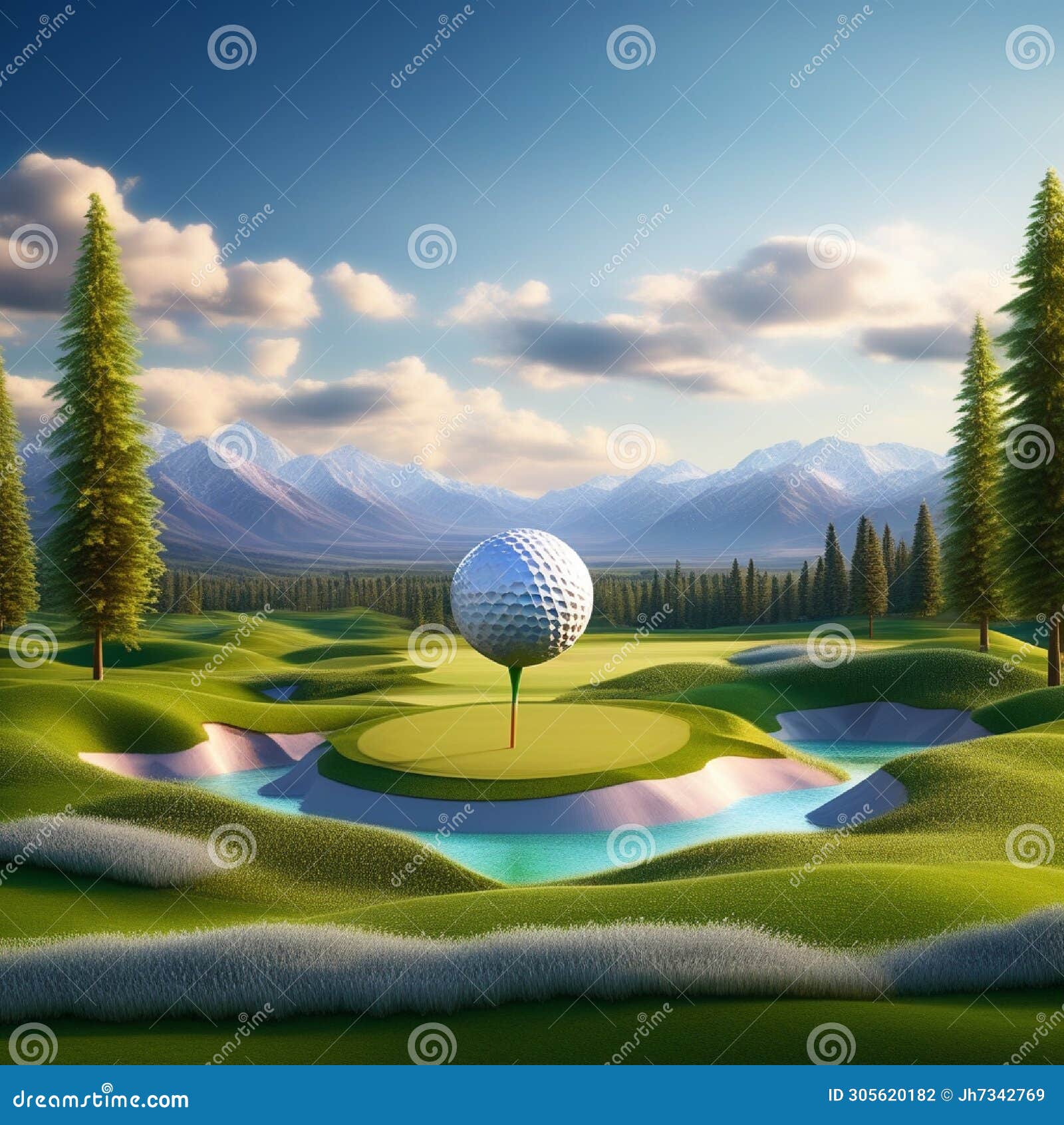 generate an artistic representation of a golf ball surrounded by vibrant golf course scenery tren