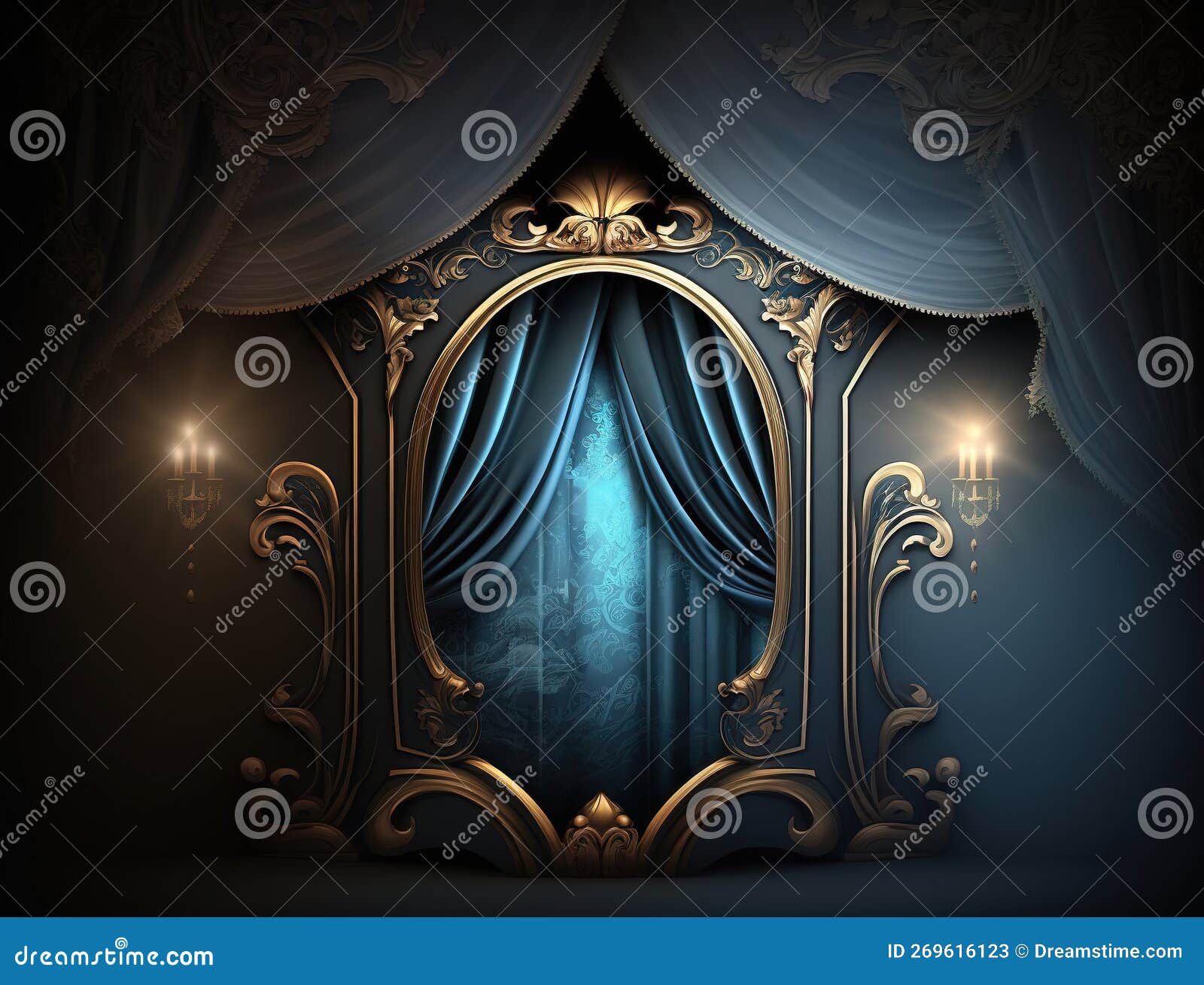 generated ai elegant blue curtain and window background with ornate gold accents for compositing
