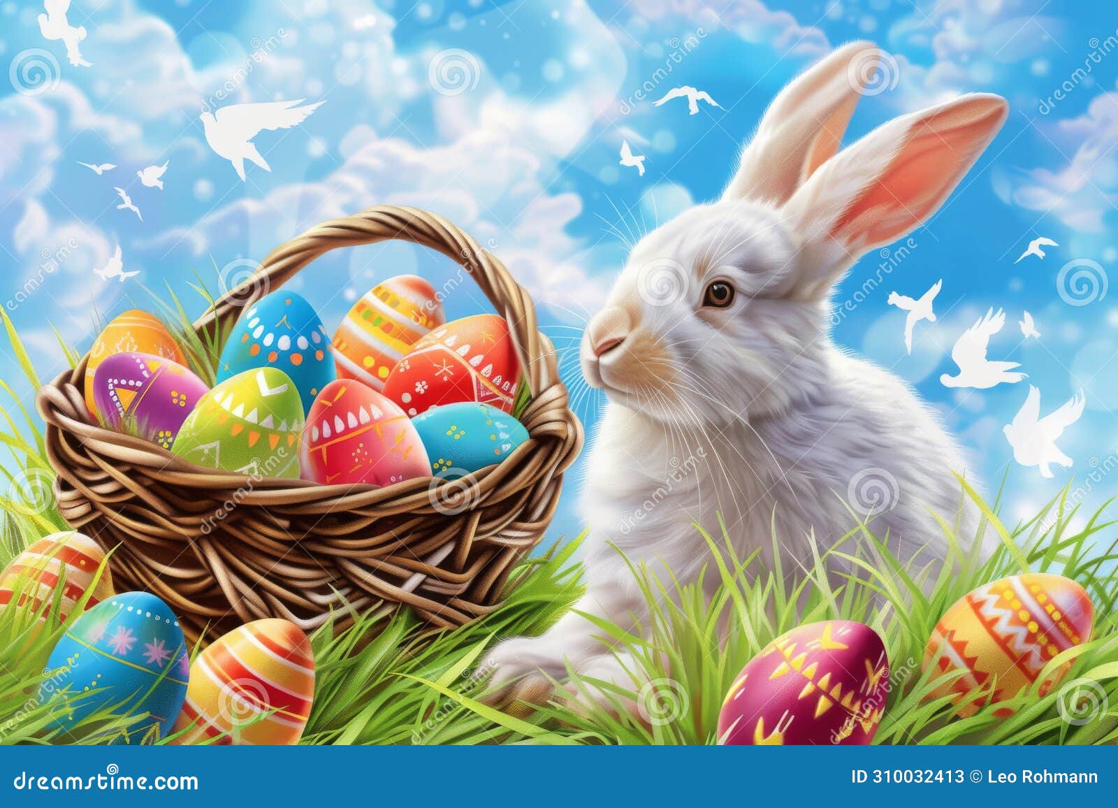 happy easter heartwarming eggs treats basket. white eastertide bunny decoration. unique message background wallpaper
