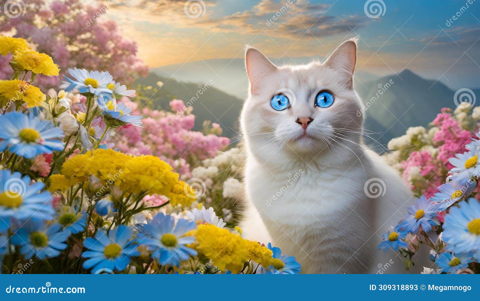 ojos azules cat with blue eyes in floral field