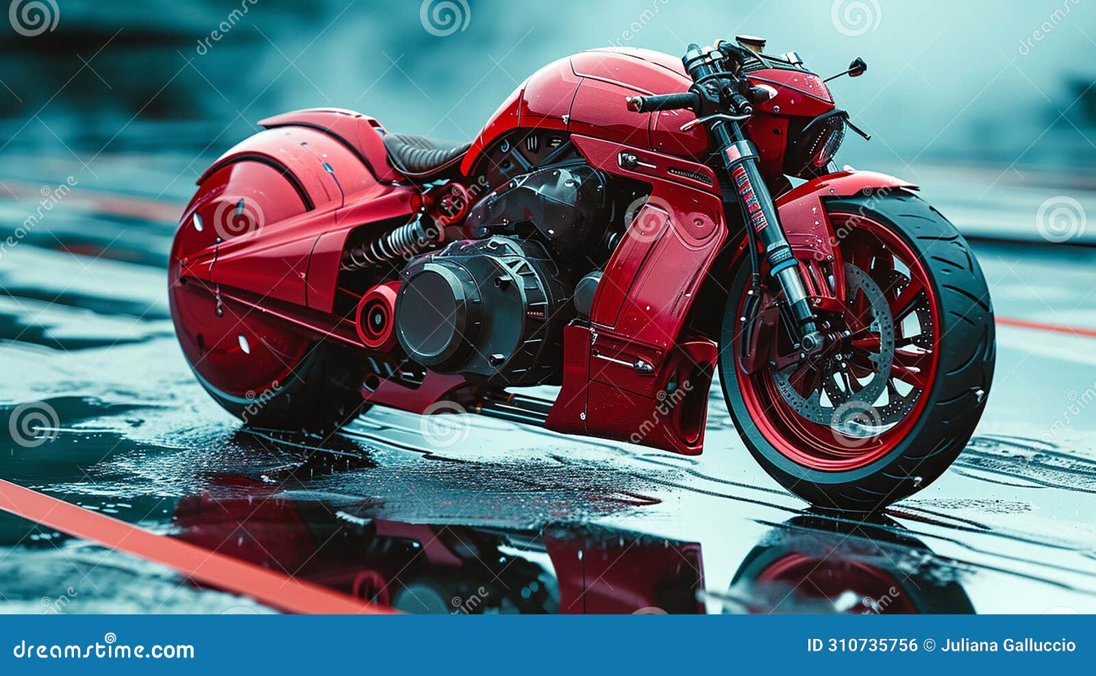 red motorcycle parked on wet surface