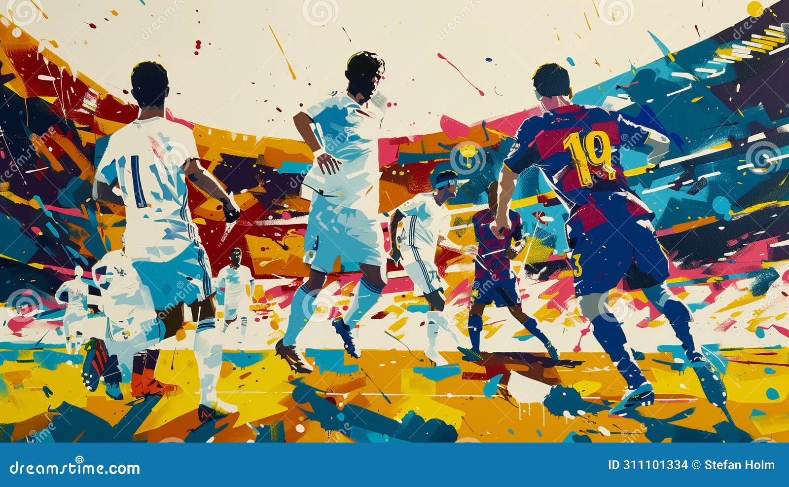 painting of the football game el clasico, colorful, bursting with the colors of both teams, white and gold, blue and maroon.