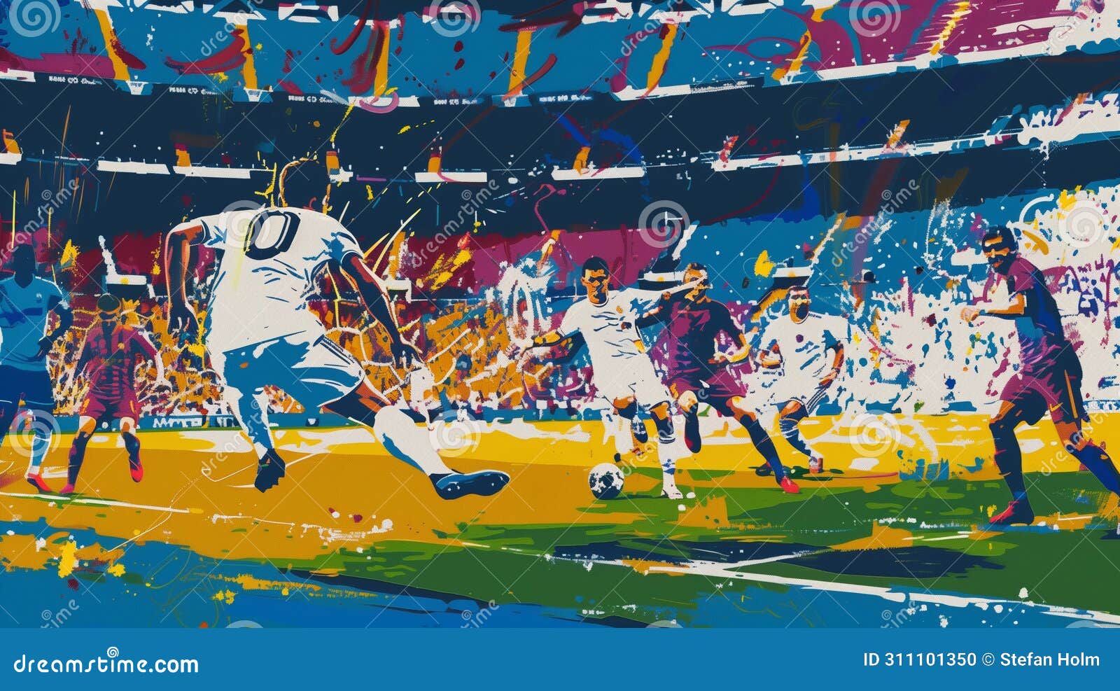 painting of the football game el clasico, colorful, bursting with the colors of both teams, white and gold, blue and maroon.